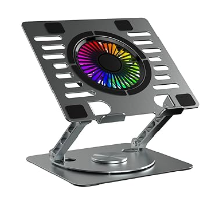 Portronics My Buddy Spinlight Laptop Stand with Cooling Fan, 360° Rotating Base, Adjustable Height & Angle, RGB Lights, Aluminium Alloy Body